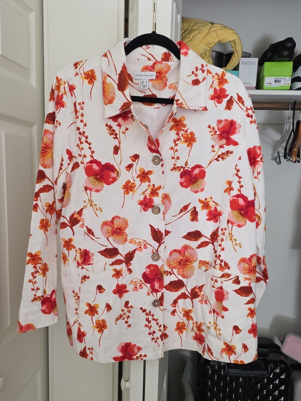 Susan Graver White Button-Front Shirt with Red & Orange Floral Print